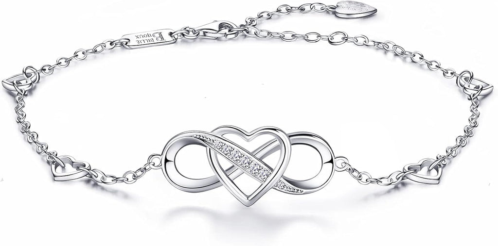 Billie Bijoux 925 Sterling Silver Anklet Bracelets for Women Infinity Heart Ankle Bracelet White Gold Plated Love Charm Adjustable Large Bracelet Gifts for Women Wife