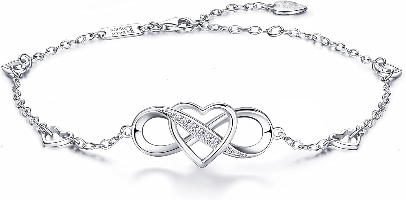 Billie Bijoux 925 Sterling Silver Anklet Bracelets for Women Infinity Heart Ankle Bracelet White Gold Plated Love Charm Adjustable Large Bracelet Gifts for Women Wife