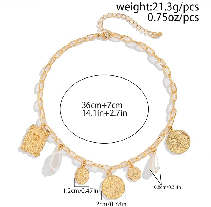 Gold Chic Charm Necklace for Women With White Pearl Square Pendant Adjustable Retro Boho Beach Style Trendy Summer Shell Pearl Coin Paperclip Chain Necklaces Jewelry for Women (style2)