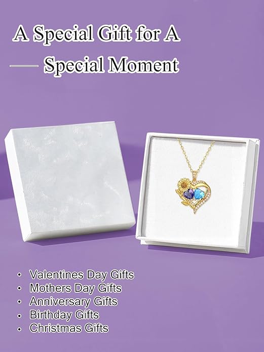 Sunflower Heart Necklace for Women 14K Gold Exquisite Valentines Day Anniversary Birthday Gifts for Wife Mother Her Double Birthstone Pendant Jewelry‘You Are My Sunshine’