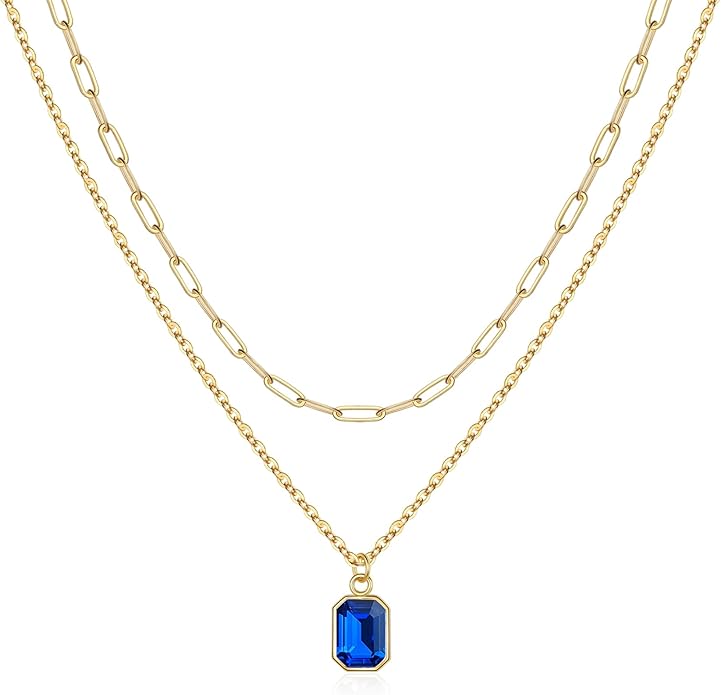 Layered Birthstone Necklace for Women Girls, 14K Gold-Plated Paperclip Chain Choker Necklace with Rectangle Birthstone Pendant Birthday Gifts for Women Girls Dainty Small