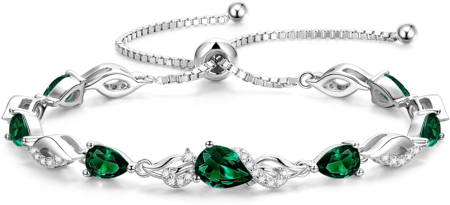 FANCIME Birthstone Teardrop Tennis Bracelet for Women, Sterling Silver 9x7mm main Gemstone Bolo Adjustable Chain Bracelet Fine Jewelry Birthday Gifts for Women Mom Wife Her