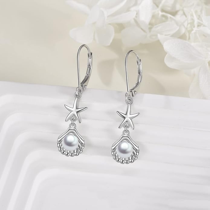 VONALA Silver/Gold Seashell Pearl Dangle Earrings 925 Sterling Silver Beach Drop Dangle Earrings Starfish Leverback Earrings Ocean Jewelry Gifts for Women