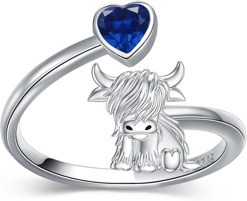 Highland Cow Ring 925 Sterling Silver Adjustable Ring Birthstone Ring Engraved Name Highland Cow Gifts Jewelry for Women