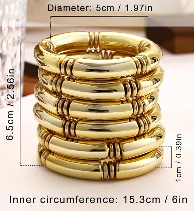 iF YOU 6pcs Chunky Acrylic Bangle Bracelets for Women, Resin Bamboo Brown Stretchy Bracelet Stack, Fashion Jewelry for Women