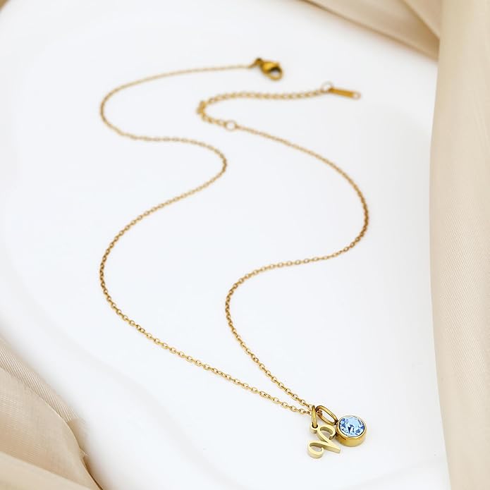MISS RIGHT Initial Birthstone Necklace for Women - Personalized Gifts Birthday Gifts for Women Stainless Steel 18K Gold Plated Dainty Gold Zodiac Sign 12 Constellation Horoscope Necklace Jewelry