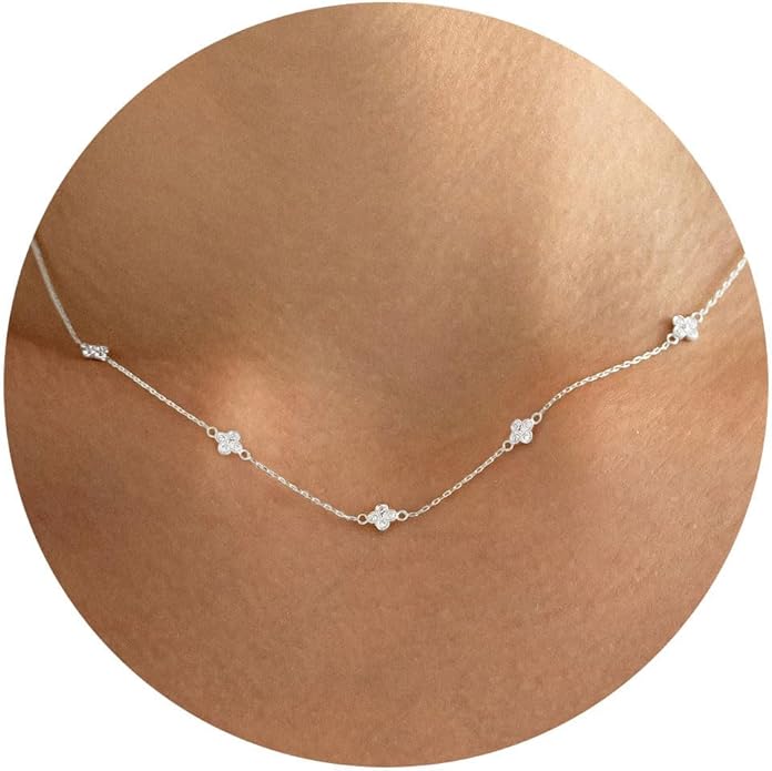 VRIUA Necklaces for Women - 14K Gold/Silver Plated Dainty Chain Necklace with Five Charms: Diamond, Bow, Snowflake, Cross, Flower, Clover, Butterfly, Heart, Star of David, and Star Trendy Jewelry