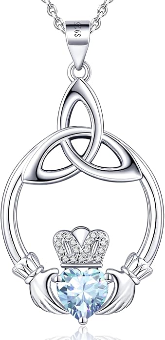 Gift Birthstone Necklaces for Women 925 Sterling Silver Irish Claddagh Necklace for Women Heart Birthstone Pendant Necklace Anniversary Birthday Gifts for Wife Lady Cable Chain 18"+2"