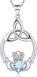 Gift Birthstone Necklaces for Women 925 Sterling Silver Irish Claddagh Necklace for Women Heart Birthstone Pendant Necklace Anniversary Birthday Gifts for Wife Lady Cable Chain 18"+2"