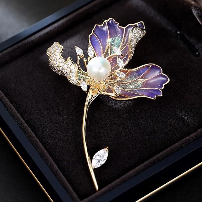 14K Gold Handmade Enamel Water Lily Brooch, Freshwater Pearl Pendant, Elegant Design for Cheongsam, Coats and Chinese Style Outfits