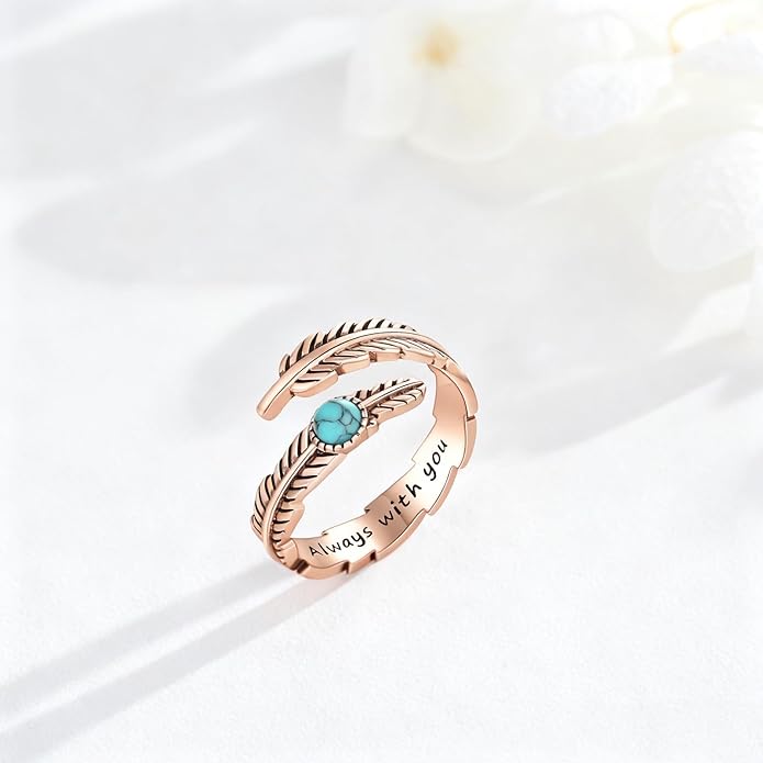 Turquoise/Moss Agate/Moonstone/Black Onyx/Lapis Lazuli/Labradorite/Tiger Eye Feather Ring 925 Sterling Silver Adjustable Ring Western Thumb Rings Vintage Jewelry Gifts for Women