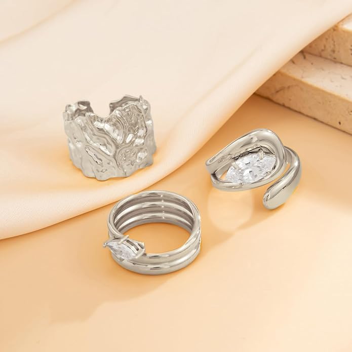 Chunky Gold Rings for Women Rhinestone Stackable Knuckle Ring Set Open Adjustable Statement Ring Set Dainty Crown Cross Midi Rings Fashion Jewelry Gift for Women