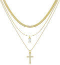 3Pcs Gold Layered Necklaces for Women, 14K Gold Plated Cross Necklace, Dainty Birthstone Necklace for Women, Herringbone Gold Necklaces Set, Stackable Women's Gold Pendant Necklaces Jewelry Set
