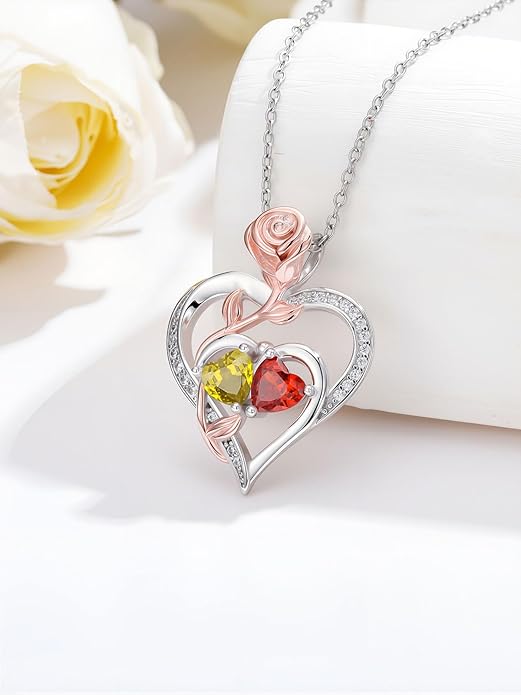 Rose Flower Heart Pendant for Women Birthday Gifts 18k Gold Plated Mother Daughter Necklace with 12 Months Birthstone Christmas Valentines Day Gifts for Her Mom Anniversarry Jewelry for Mom Wife Girlfriend
