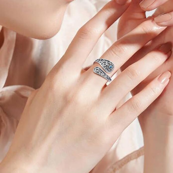 FLYOW Sterling Silver Sunflower Spoon Ring Victorian Style Boho Antique Flower Adjustable Open Ring Retro Statement Cubic Zirconial/Turquoise/Oxidized Thumb Rings for Women Birthday Christmas Jewelry
