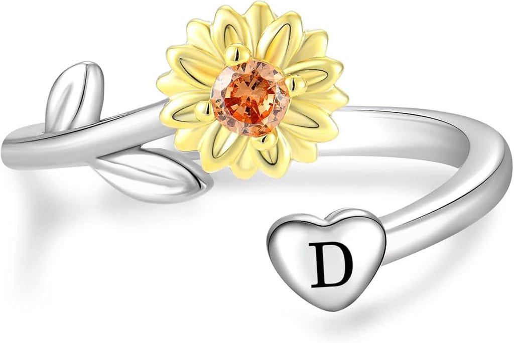 STARCHENIE Sunflower Initial Ring for Women 925 Sterling Silver Letters A-Z 26 Alphabet Adjustable Ring Size 7