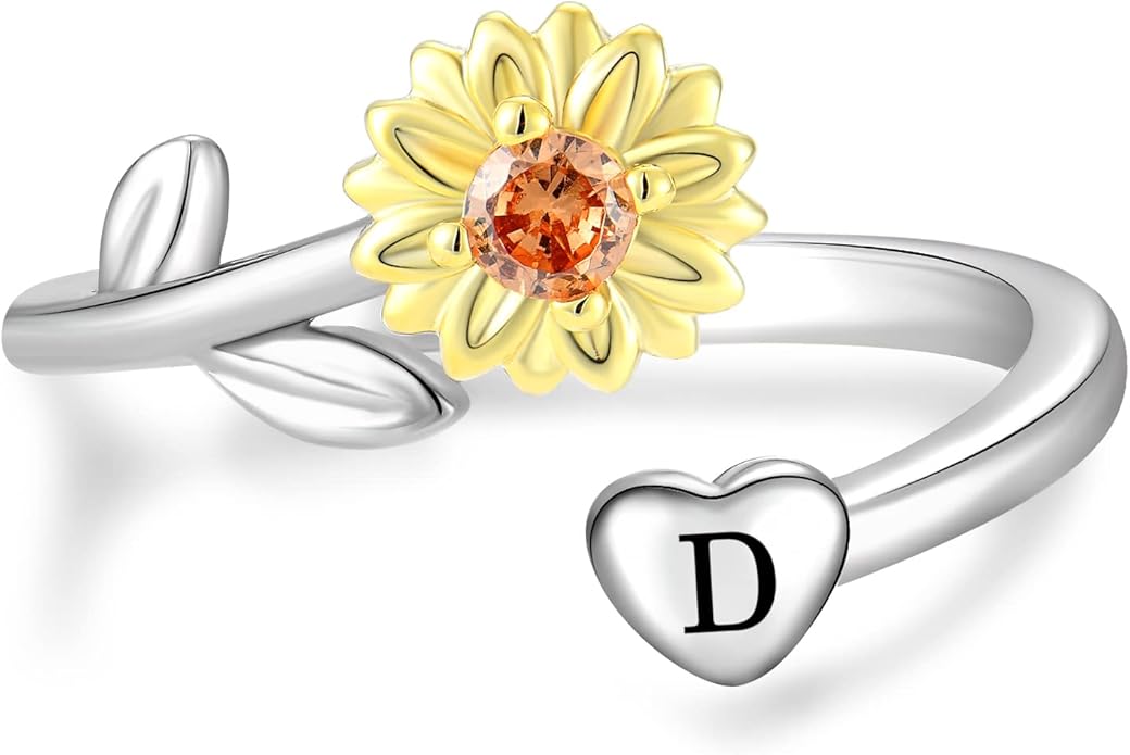 STARCHENIE Sunflower Initial Ring for Women 925 Sterling Silver Letters A-Z 26 Alphabet Adjustable Ring Size 7