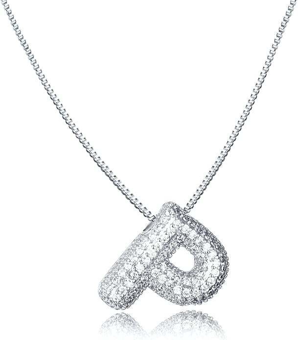 SKQIR Diamond Initial Letter Necklace for Women Bubble Gold Plated Puffy Balloon Alphabet Crystal Zircon Pendant Name Necklace Dainty Charms Trendy Jewelry Gift for Women