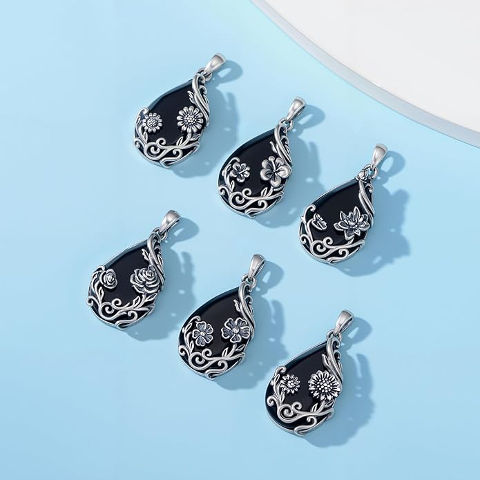 Black Onyx Necklace 925 Sterling Silver Flower Insect Pendant Teardrop Onyx Jewelry Valentines Day Birthday Gifts for Women