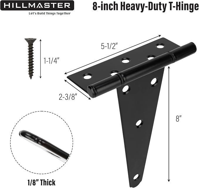 HILLMASTER 8 Inch T-Strap Heavy Duty Shed Door Hinges Gate Strap Hinges Black - Image 3
