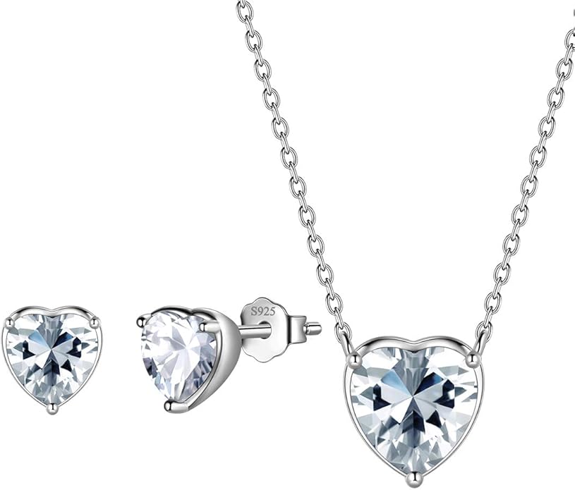 Aurora Tears Hearts Necklace Earrings Jewelry Sets - Women 925 Sterling Silver Birthstone Pendants Earrings Set Crystal Wedding Birthday Jewelry