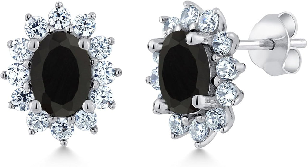 Gem Stone King 7X5MM Oval Gemstone Birthstone Stud Earrings For Women | Princess Diana Royal Halo Style | 925 Sterling Silver | Fine Jewelry Gifts for Anniversary Wedding Her Mom Women Wife
