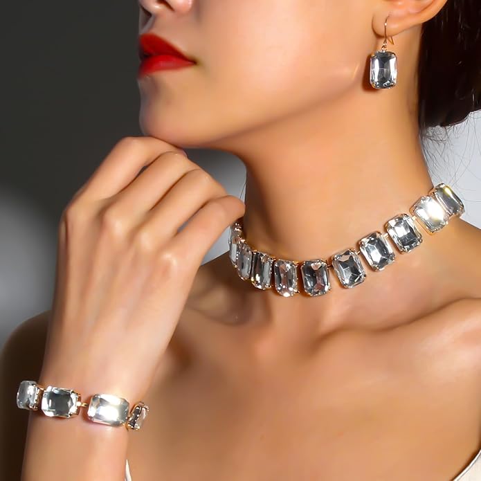 KOSMOS-LI Rectangle Faux Crystal Jewelry Sets Includ Necklace Bracelet Earrings For Women Stocking Stuffers