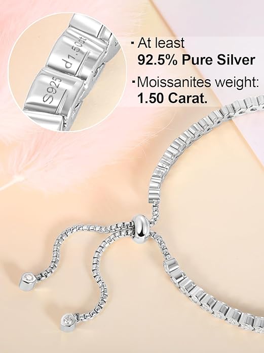 2mm/3mm Moissanite Adjustable Tennis Bracelet for Women, Authentic Solid 925 Sterling Silver, 5.5-7.5inch (14-19cm) with 2cm Extender Chain, Birthday Valentines Wedding Anniversary Ideal Gift for Her