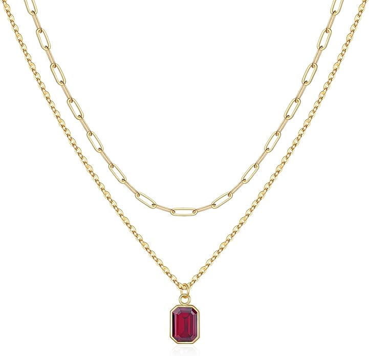 Layered Birthstone Necklace for Women Girls, 14K Gold-Plated Paperclip Chain Choker Necklace with Rectangle Birthstone Pendant Birthday Gifts for Women Girls Dainty Small