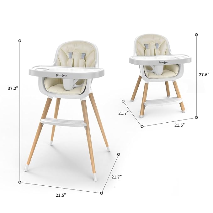 Baby High Chair, Wooden Highchair with Removable Tray, Adjustable Legs, Cushion, 5-Point Harness and Footrest for Infants, Baby, Toddlers, Cream