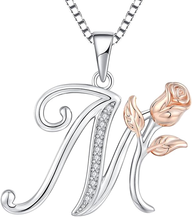 STARCHENIE Initial Necklace for Women Sterling Silver Letters 26 Alphabet Pendant Rose Flower Jewelry Gifts for Family Sisters Friend