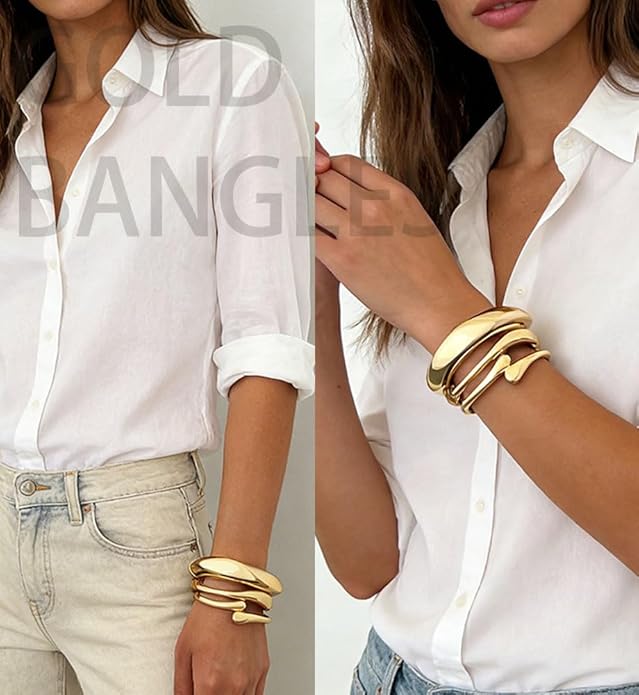 Chunky Gold Bangle Bracelets for Women, Dainty 14k Gold Plated Big Stackable Bangles Set, Trendy Statement Cuff Bracelet Stack Fashion Jewelry Christmas Gifts