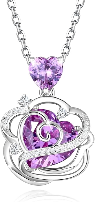 FANCIME Thornless Pulse Heart Birthstone Necklace for Women Sterling Silver Rose Pendant Fine Jewelry Gemstone Birthday Valentines Day Gifts for Wife Her