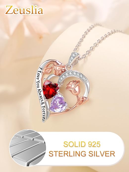 Valentine's Day Gifts for Wife 925 Sterling Silver Double Birthstone Pendant Necklaces I Love You for Always and Forever Necklace Anniversary Birthday Gifts for Wife Girlfriend Mom Her