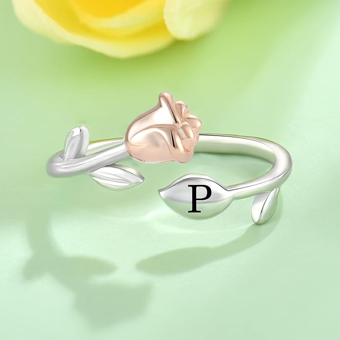STARCHENIE Rose Initial Ring for Women 925 Sterling Silver Letters A-Z 26 Alphabet Adjustable Ring Size 7