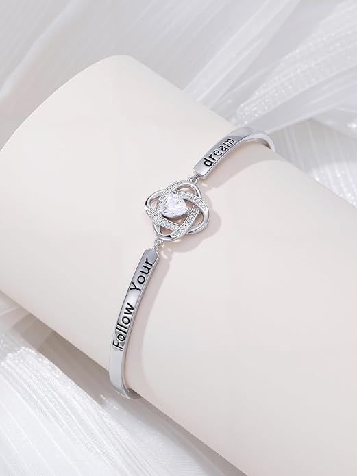 Valentines Day Gifts for Her, 18k White Gold Plated Love Knot Bracelets, Engraved Inspirational and Sentiment Bangle, Anniversary Birthday Jewelry Gift for Lover Wife Girlfriend Sister Friends