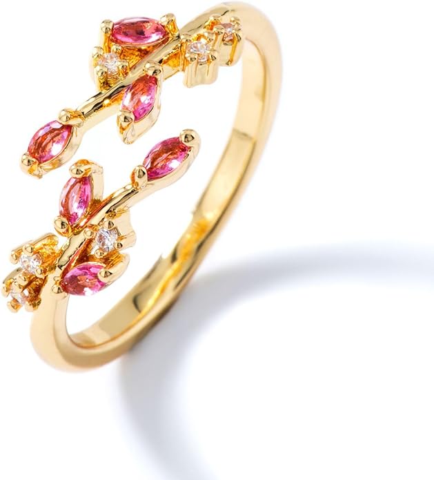 Gold Rings Non Tarnish Silver Adjustable Rings for Women Cubic Zirconia Leaf Ring Dainty Silver Stackable Ring for Women