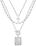 MJartoria Layered Initial Necklaces for Women Trendy, 14K Gold Plated Brass Simple Dainty Cross Choker Square Letter Pendant Necklace, Paperclip Chain Necklaces Jewelry