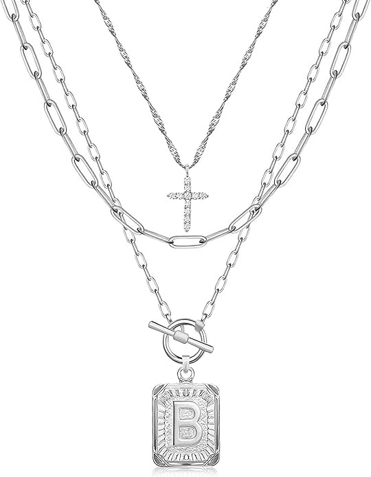 MJartoria Layered Initial Necklaces for Women Trendy, 14K Gold Plated Brass Simple Dainty Cross Choker Square Letter Pendant Necklace, Paperclip Chain Necklaces Jewelry
