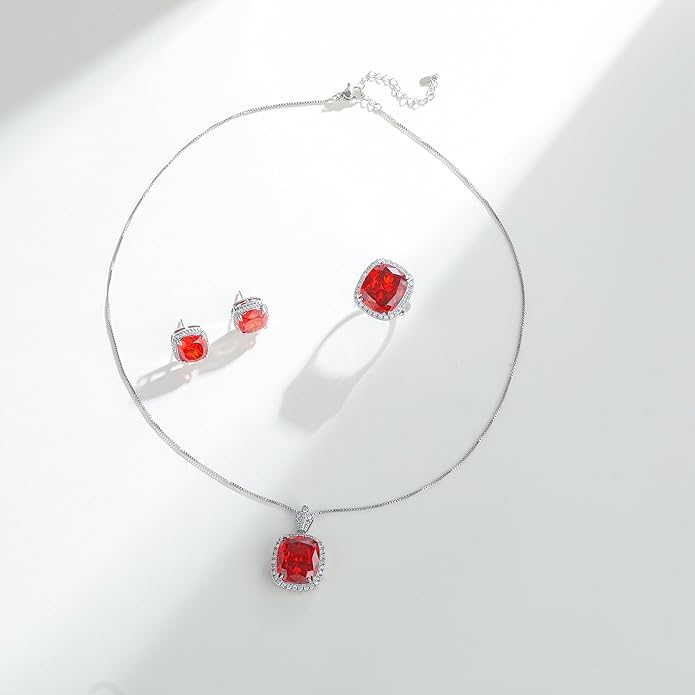 Jewelry for Women Sets Gold-Plated Sterling Silver CZ or Faux Gemstone Cushion-cut Necklace & Ring & Stud Earring set for Bridesmaids, Comes With a Gift Box.