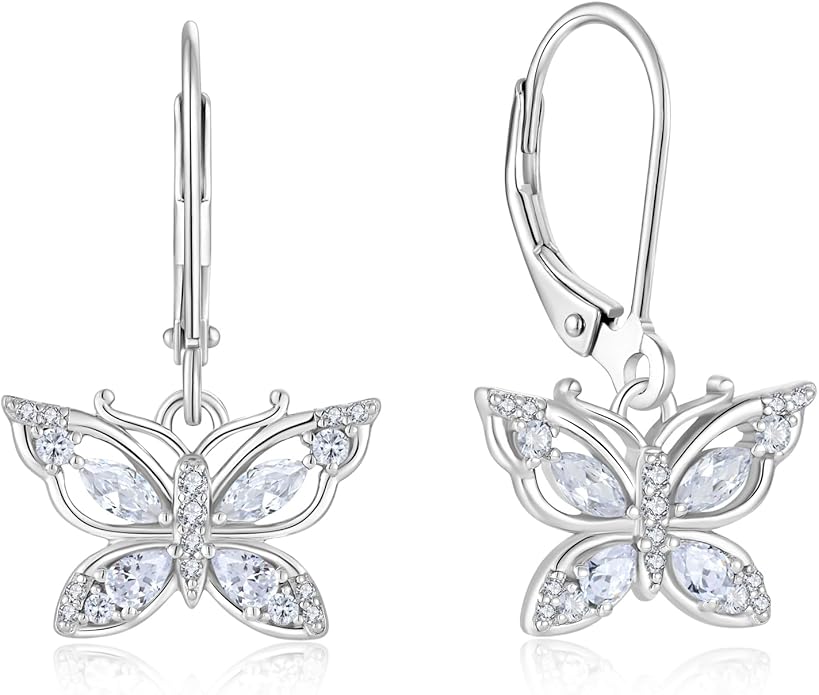 Women's Butterfly Leverback Dangle Earrings 925 Sterling Silver 5A Cubic Zirconia Jewelry for Valentine Mother's Day Birthday Gifts for Her