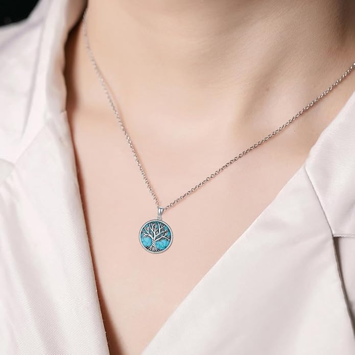 Genuine Turquoise Tree of Life Necklace Sterling Silver Boho Natural Gemstone Necklace for Women