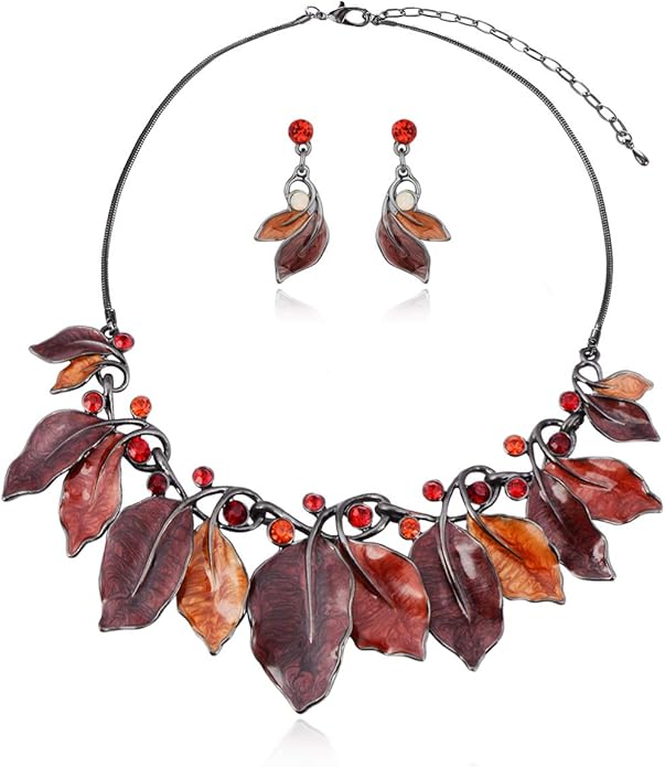 AMYJANE Vintage Statement Jewelry Set - Spring Leaf Flower Floral Plant Necklace Earring Set Crystal Rhinestone Fashion Costume Jewelry for Women Prom Party Unique Gift