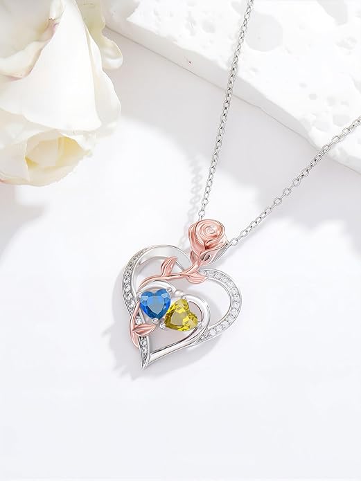 Rose Flower Heart Pendant for Women Birthday Gifts 18k Gold Plated Mother Daughter Necklace with 12 Months Birthstone Christmas Valentines Day Gifts for Her Mom Anniversarry Jewelry for Mom Wife Girlfriend