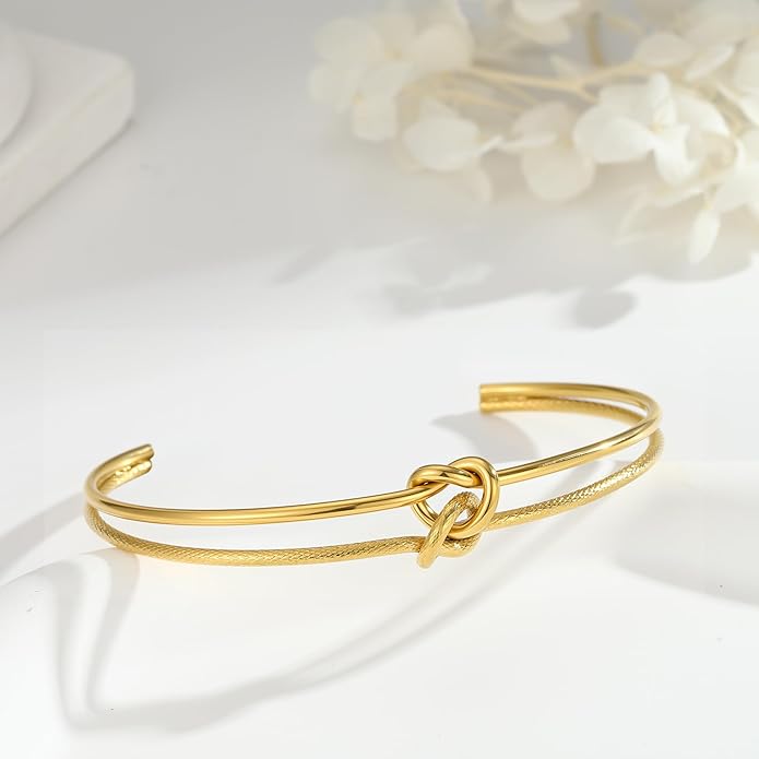 Turandoss Gold Knot Bangle Bracelets for Women - Dainty 18K Gold Plated Cuff Bangle Bracelets for Women Trendy Personalized Open Love Knot Bracelet Adjustable Cuff Bracelet Valentine Gifts for Her