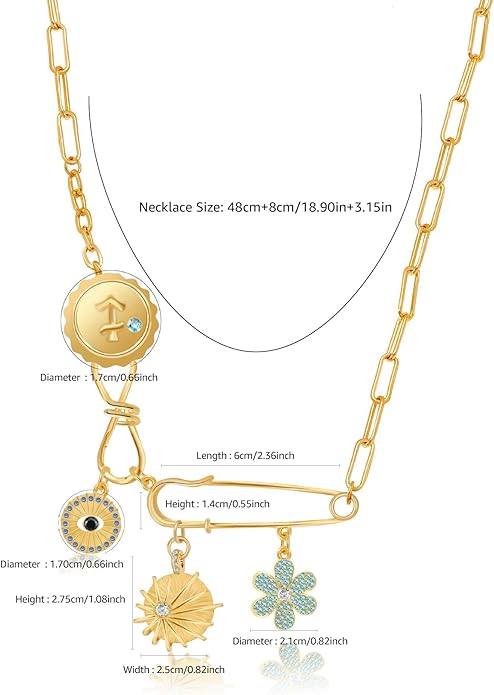 MISS RIGHT Dainty Gold Evil Eye Hamsa Hand Coin Lucky Charm Pendant Necklace for Women Trendy Vintage Paperclip Chain Sun Moon Clover Flower Chunky Charm Necklace Jewelry Gifts