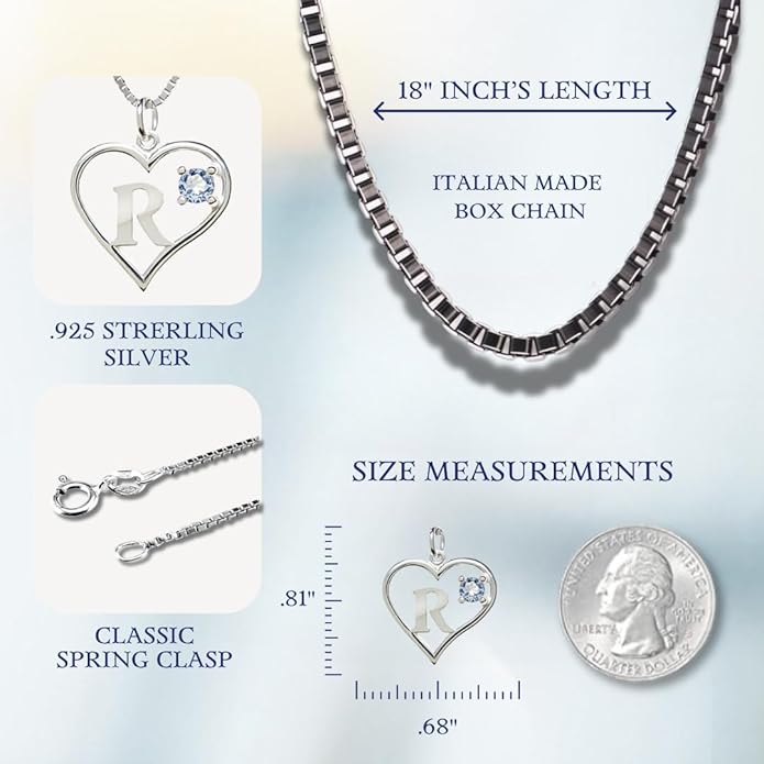 Silver Sterling Necklace Initial Letter A-Z Birthstone for Women – Personalized Custom Jewelry Pendant with Heart Design Customized Dainty Charm for Wife Girlfriend Mom – 18" Box Chain