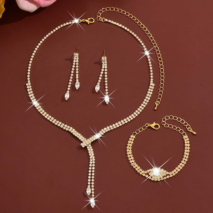 4 Pieces Cubic Zirconia Wedding Jewelry Sets for Bride Rhinestone Bridal Jewelry Set Necklace Bracelet Earring Ring for Brides Bridesmaid for Wedding Party