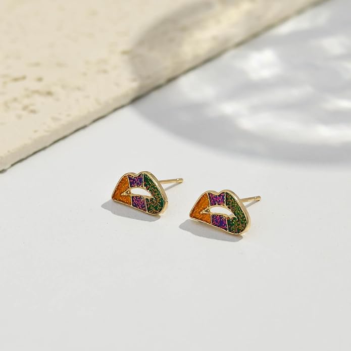MardiGras Stud Earrings for Women Glitter Delicate Compact Flower Mask Hat Lips Stud Earring Charm Green Purple Gold Carnival Earring Cute MardiGras Jewelry Accessories for Women