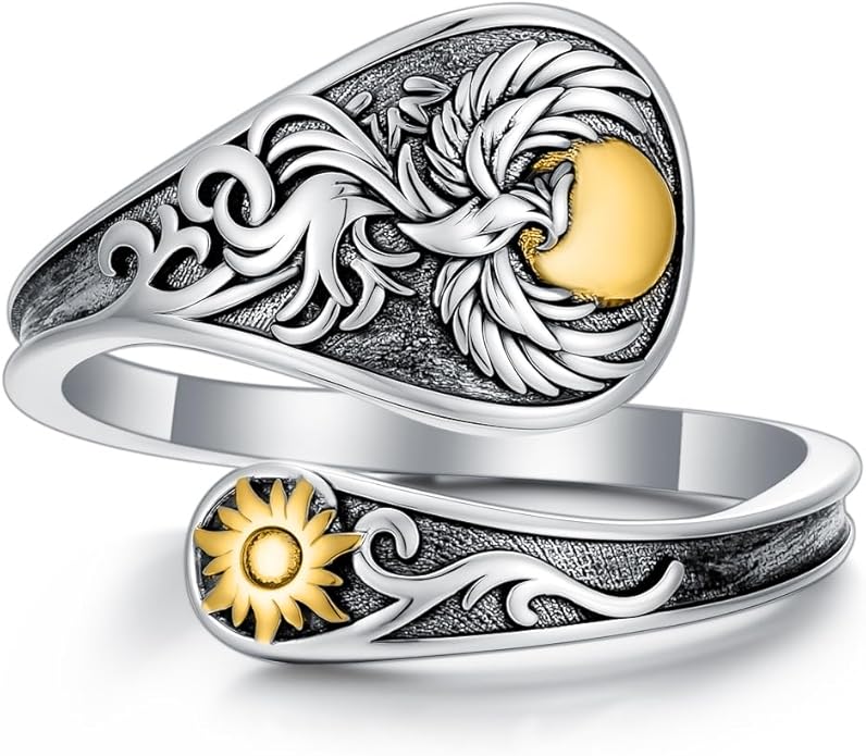 Midari Sun and Moon/Bee/Celtic/Life of Tree/Lotus Spoon Ring for Women 925 Sterling Silver Adjustable Ring Open Ring for Women Men Halloween Birthday Gift
